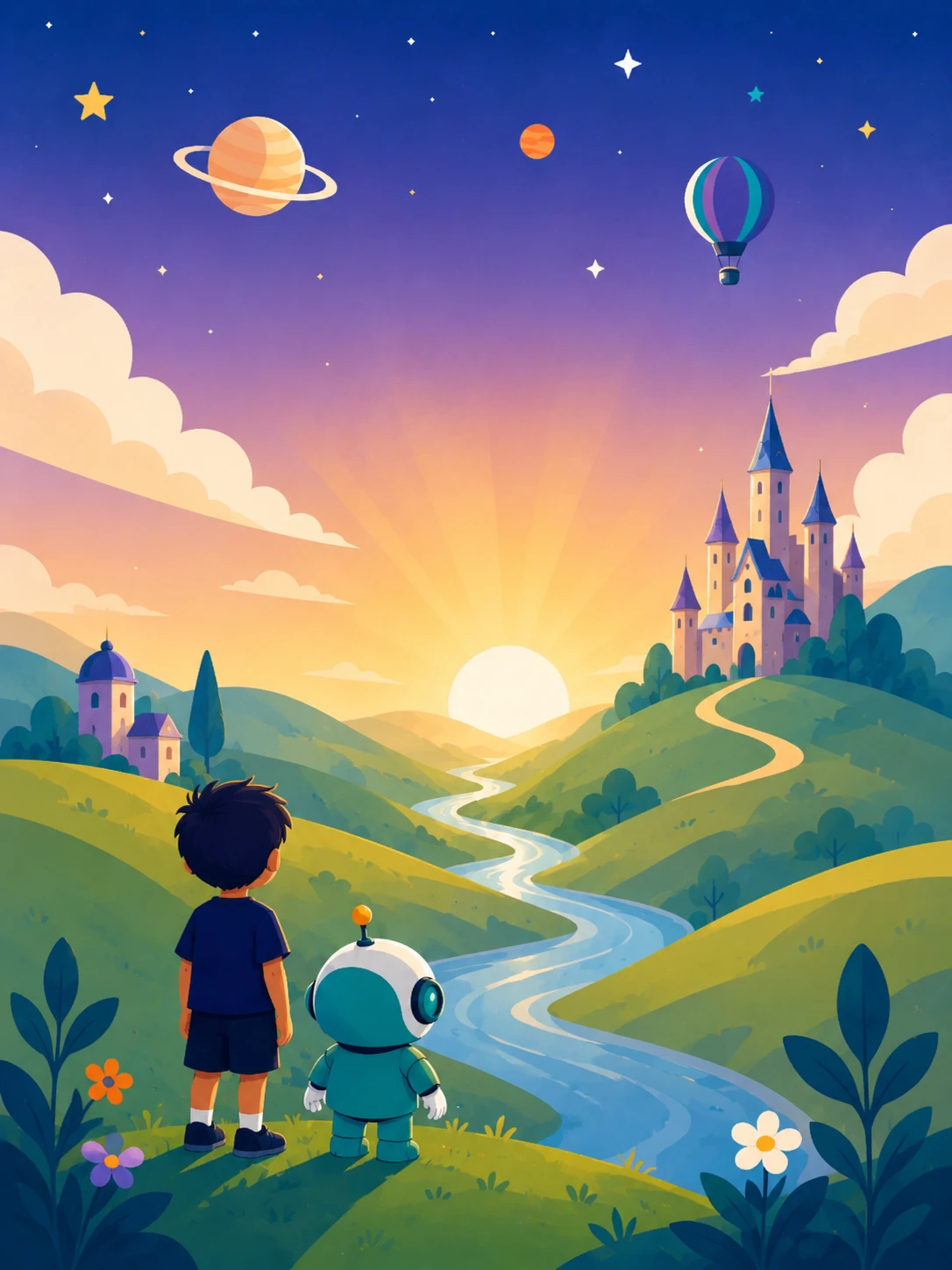 A curious child and friendly little alien looking across a colorful world of planets, hills, a river, and castles.